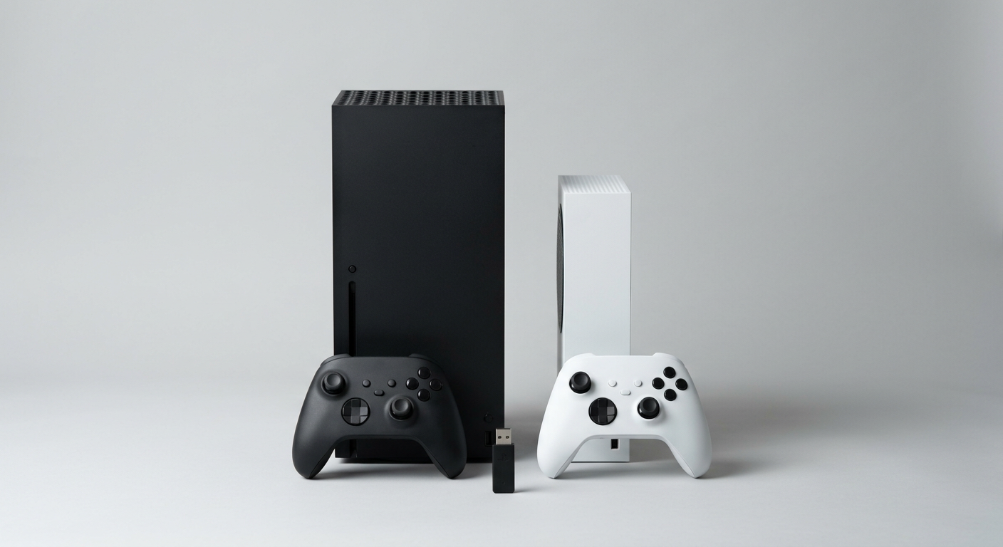 Illustration: a black console, a white console, two controllers and a USB adapter