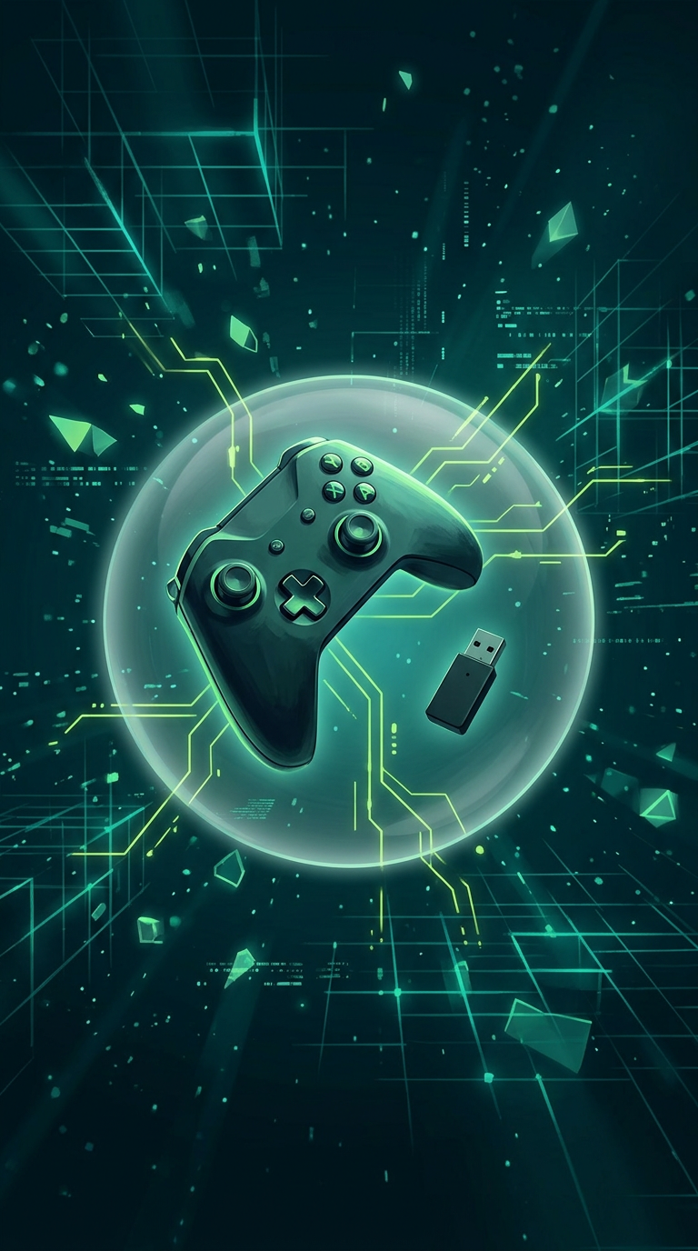 Illustration: a controller and USB adapter inside a glowing green sphere