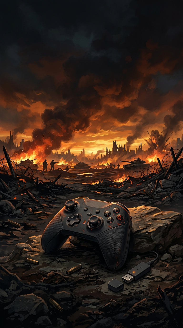 Illustration: a controller and USB adapter in a war-torn landscape