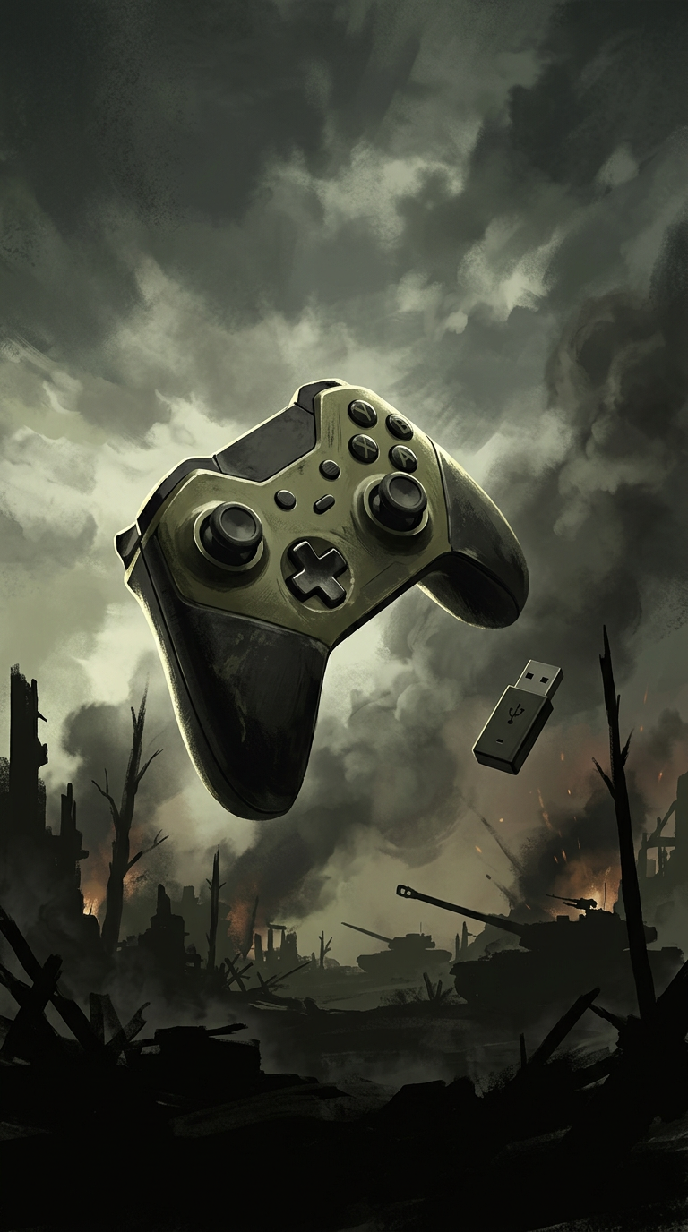 Illustration: a controller and USB adapter above a smoky battlefield