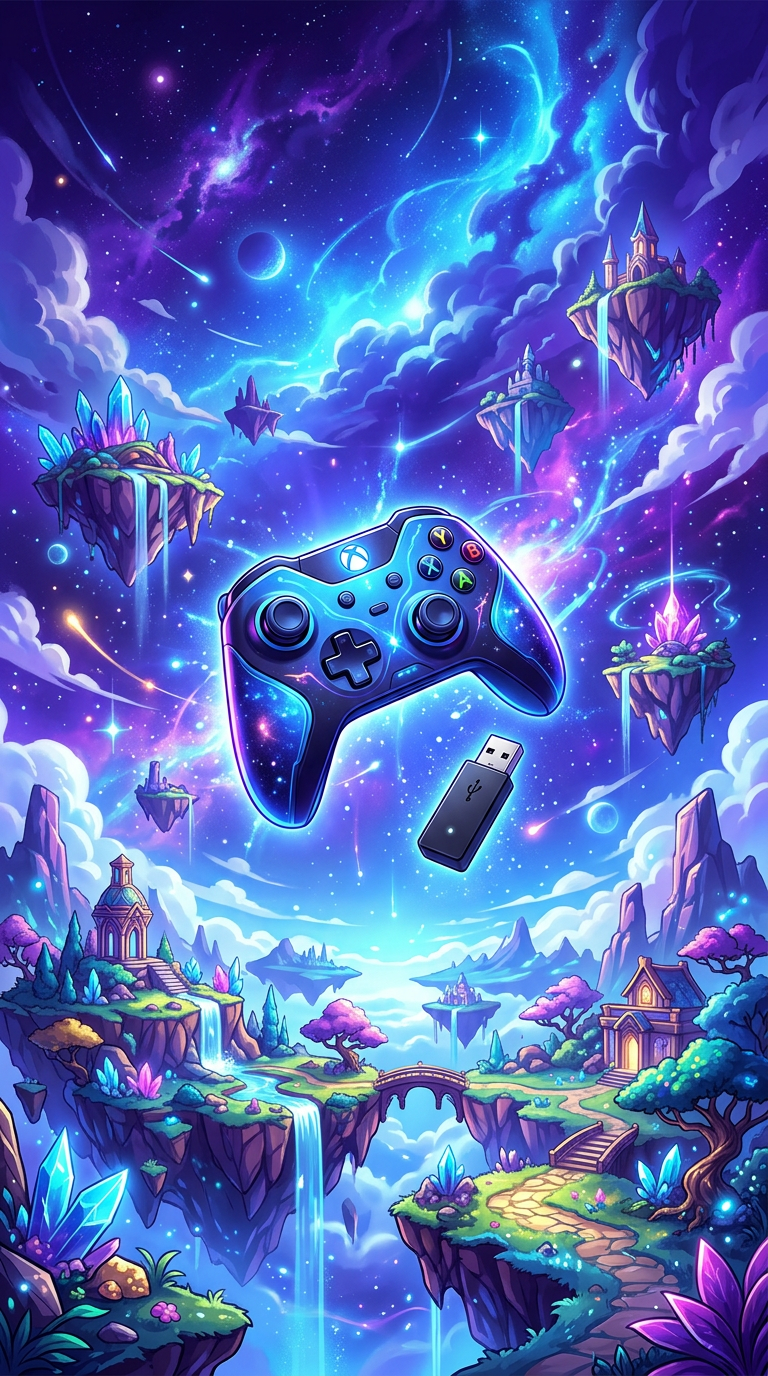 Illustration: a controller and USB adapter in a bright game world