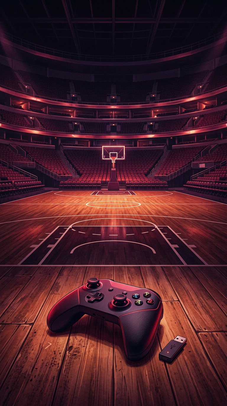 Illustration: a controller and USB adapter on a basketball court