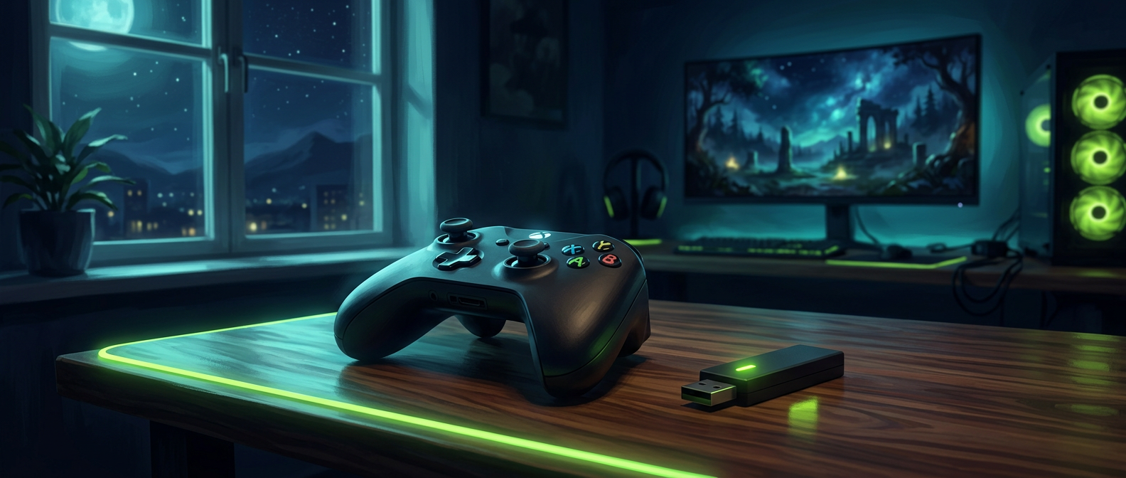 Illustration: a controller and a USB adapter on a desk in a dark room