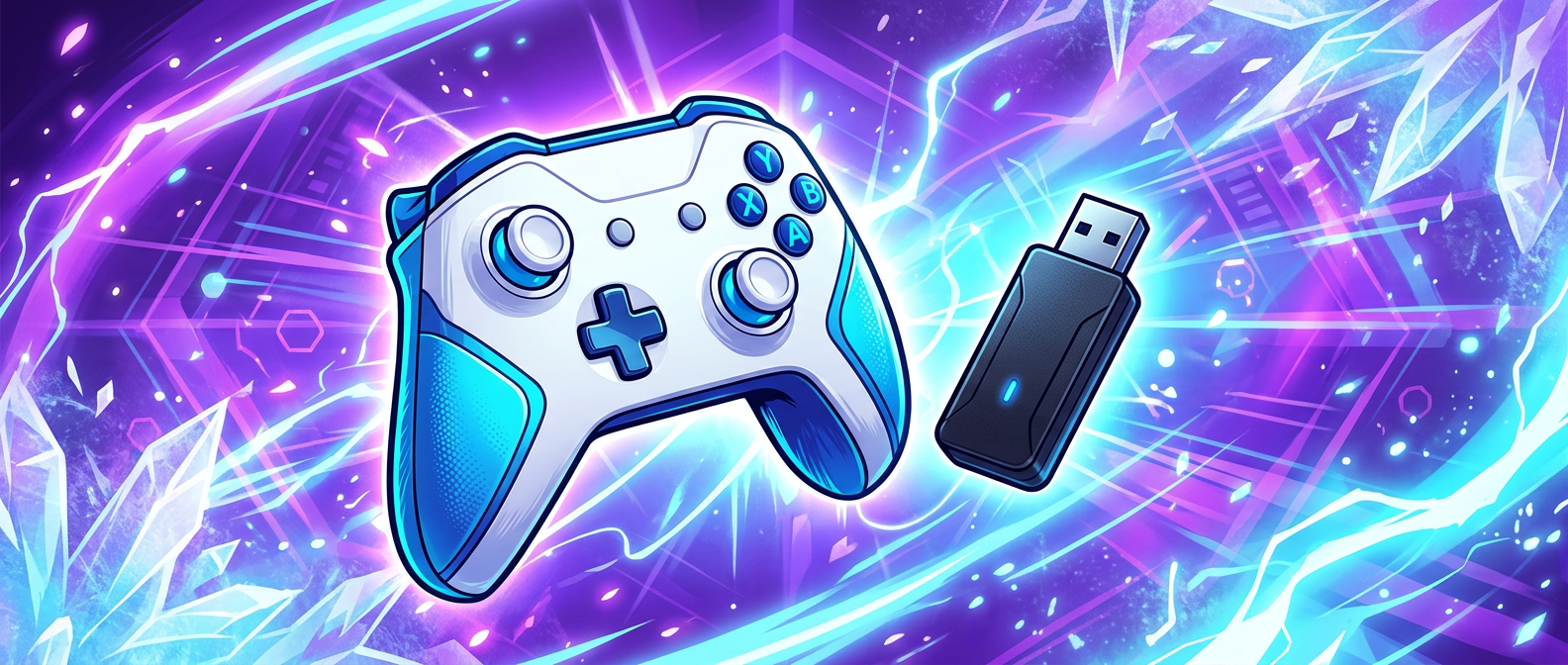 Illustration: a controller and USB adapter against an icy purple sky