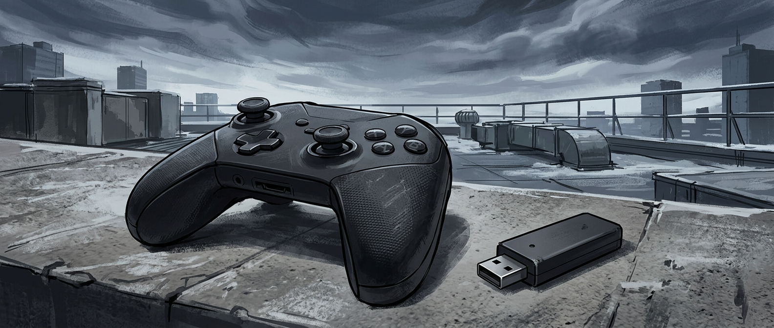 Illustration: a controller and USB adapter on a grey rooftop