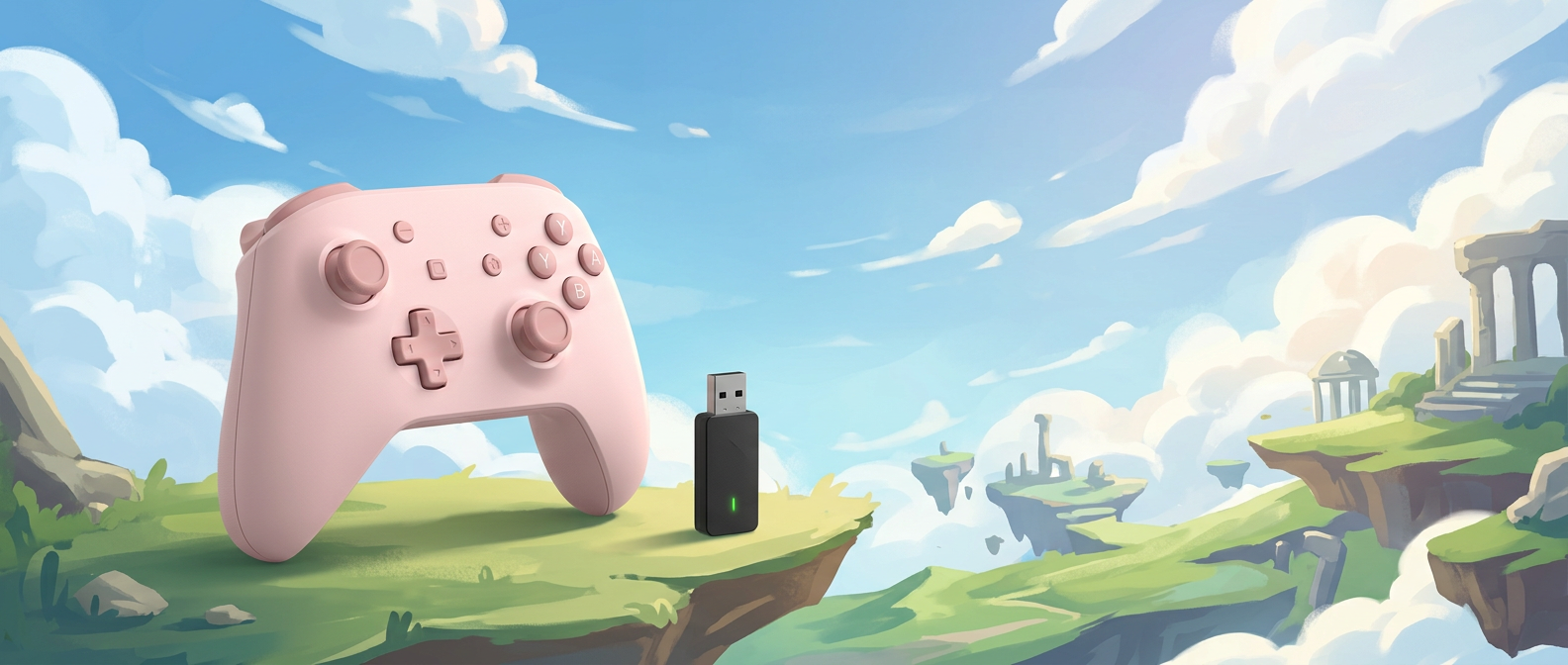 Illustration: a controller and USB adapter under a bright blue sky